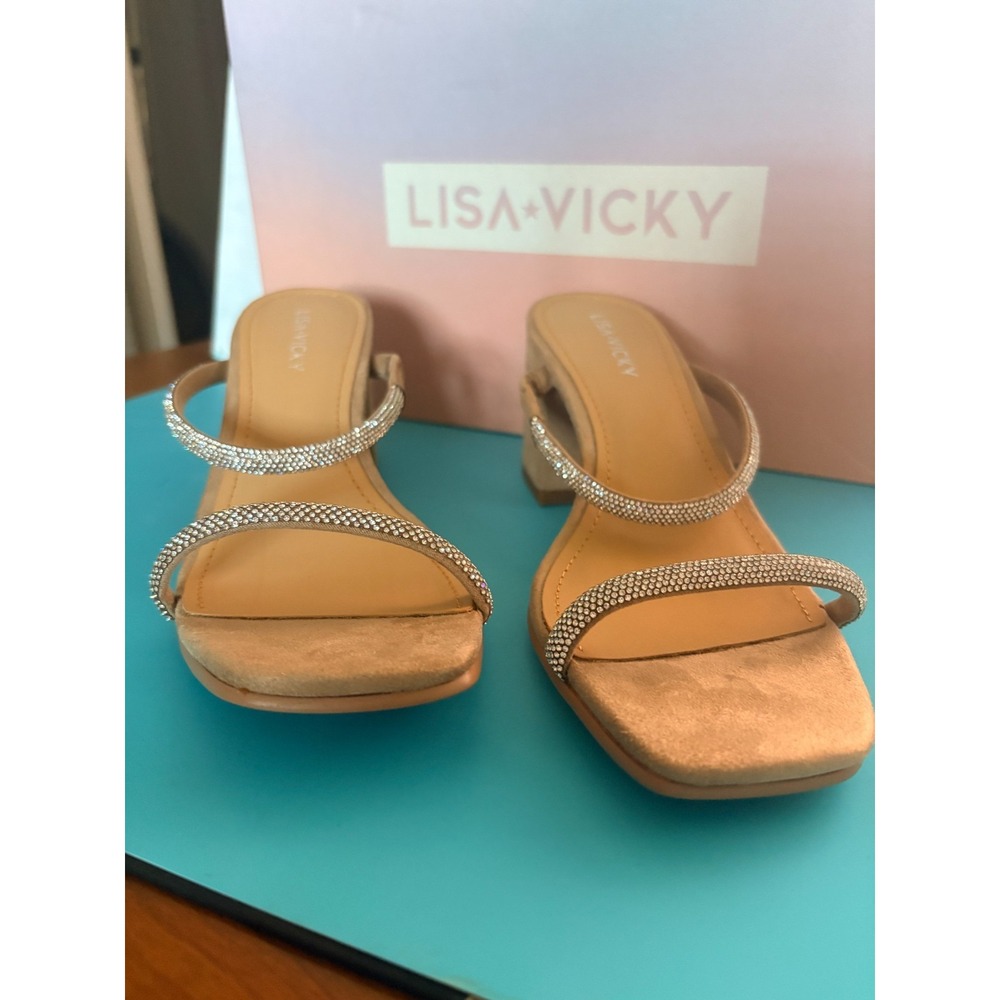 Lisa Vicky Mood-V Silver Hotfix Rhinestone Block Heel Sandals Size 6M